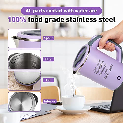  0.8L Small Electric Kettle Stainless Steel,600w Low Power Mini Portable Tea Kettle, Double Wall Travel Hot Water Boiler,Auto Shut-off & Boil-Dry Protection,for Travel, Office Student Dormitory