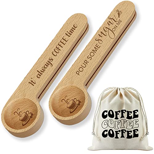  2 Pieces Funny Wood Coffee Scoop And Seal - Always Coffee/Pour Some Sugar, Coffee Measuring Scoop, Coffee Bag Clip Suitable For Coffee Beans Or Tea, Gift For Coffee Lover, Coffee Connoisseur
