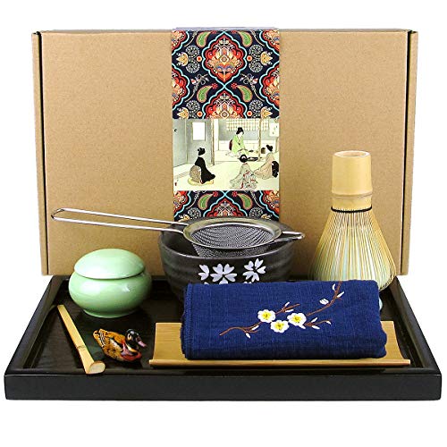 Japanese Matcha Tea Set, Matcha Whisk, Traditional Scoop, Matcha Bowl, Black Bamboo Tray, Ceramic Whisk Holder, Matcha Caddy, Handmade Matcha Ceremony Kit For Japanese Tea Ceremony (10Pcs)