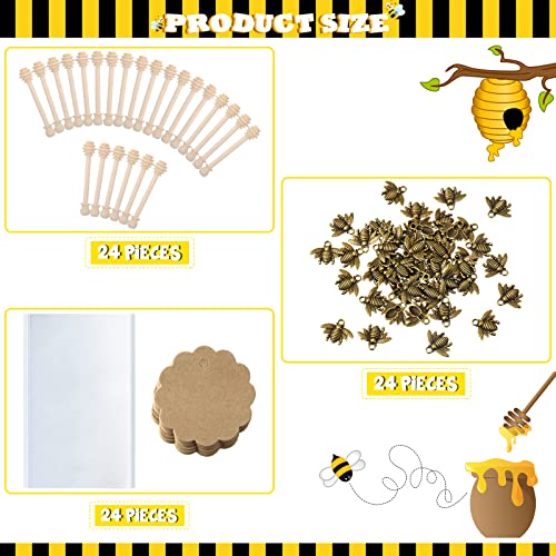  96 Pieces 4 Inch Wood Honey Dipper Sticks Set, 24 Pieces Honey Dipper Sticks, 24 Pieces Plastic Storage Bags, 24 Pieces Kraft Paper Cards, 24 Pieces Honeybee Charm Pendants With Jute Rope