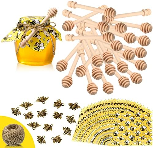  50 Pieces 3 Inch Wooden Honey Dipper Sticks Set Honey Dipper Sticks 50 Pieces Honeybee Charm Pendants 50 Pieces Decorative Bee Wrapping Paper With 30 Meters Jute Hanging Rope For Honey Jar DIY Crafts