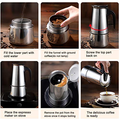  Moka Pot - Stovetop Espresso Maker For 6 Cups, Stainless Steel Coffee Maker Espresso Pot With Safety Valve - 10 Oz