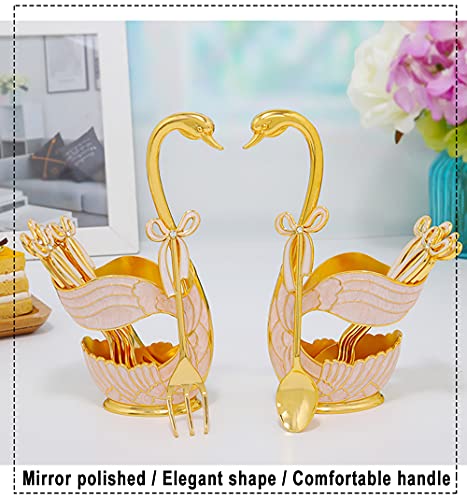  9 Pcs Metal Coffee Dessert Spoons Set, Swan Base Spoon Holder Organizer With 4 Forks, 4 Spoons For Coffee, Fruit, Dessert, Stirring, Mixing, Sugar, Stir, Ice Cream, Cake, Teaspoon (Gold)