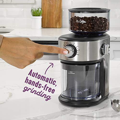 Mr. Coffee® Burr Coffee Grinder, Automatic Grinder With 18 Presets For French Press, Drip Coffee, And Espresso, 18-Cup Capacity, Stainless Steel