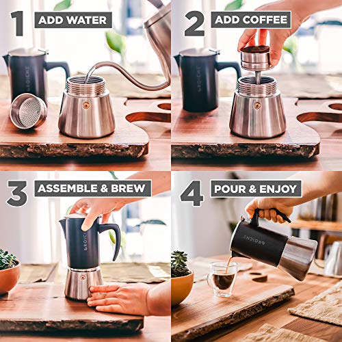  Milano Steel 6 Espresso Cup Stainless Steel Stovetop Espresso Maker Moka Pot - Cuban Coffee Maker Italian Espresso Greca Coffee Maker For Induction Gas Or Electric Stoves