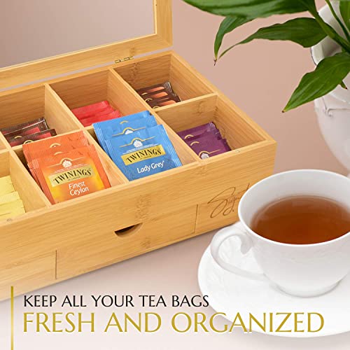  Bamboo Wooden Tea Box Storage Organizer With Drawer (8 Compartments) Large Tea Organizer Box For Tea Bags And Loose Tea - Sturdy, Natural Bamboo