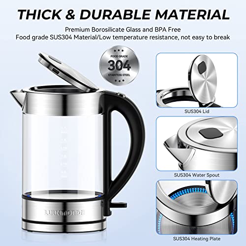  Electric Kettle 1500W,1.7L Borosilicate Glass Tea Kettle With LED Light, Water Kettle Electric Fast Boiling, Auto Shut-Off And Boil-Dry Protection, BPA Free