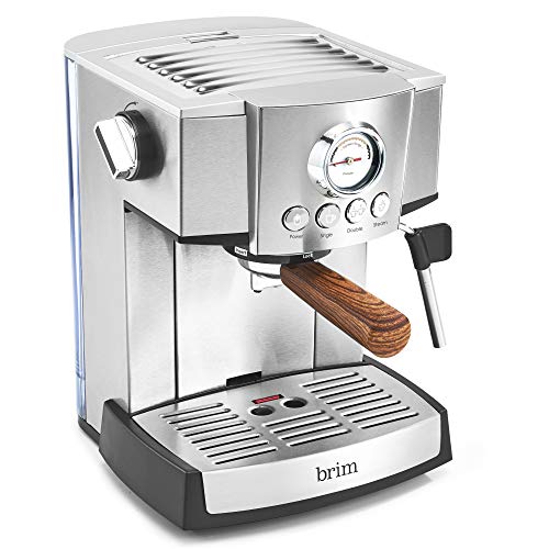  Brim 15 Bar Espresso Machine, Cappuccino, Americano, Latte And Espresso Maker, Milk Steamer And Frother, Removable Parts For Easy Cleaning, Stainless Steel/Wood Accents, Wood Finish Handle (50030)