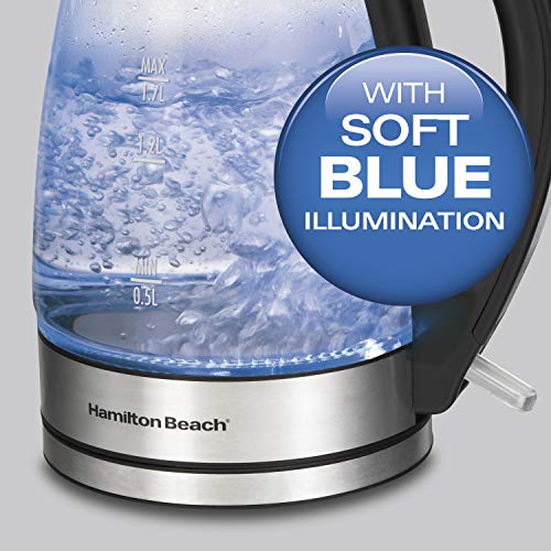 Hamilton Beach Der And Food Processor Combo, Grey & Black (58163) & 40864 Electric Tea Kettle, Water Boiler & Heater, Cordless, 1.7 L, Clear Glass