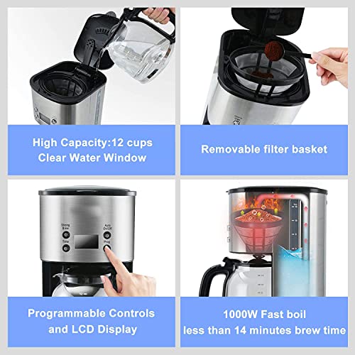  Coffee Maker 12 Cup, Programmable Coffeemaker, Auto Shut-off Coffee Machine, 2 Hours Keep Warm Glass Coffee Pot, Grab-a-cup, LCD Display, Removable Filter,Stainless Steel, 1000W(Silver)