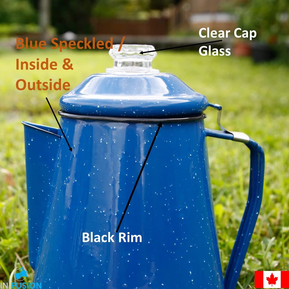  Camping Coffee Percolator Enamel Coating Gloss Finish And Glass Cap For Backpacking, Campsite, Kitchen, Over Stove And Pot Makes 8 Cups Comes With Basket For Grounds And Stainless Steel Spoon, Blue