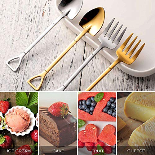  8 Pieces Shovel Spoon Fork Shovel Coffee Spoon Shovel Handle Dessert Spoon Ice Cream Spoon Shovel Shape Fork (Gold)