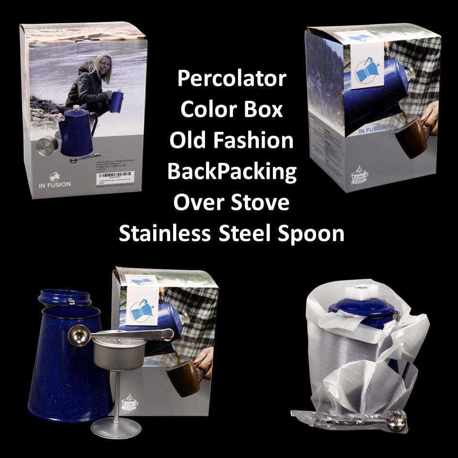  Camping Coffee Percolator Enamel Coating Gloss Finish And Glass Cap For Backpacking, Campsite, Kitchen, Over Stove And Pot Makes 8 Cups Comes With Basket For Grounds And Stainless Steel Spoon, Blue
