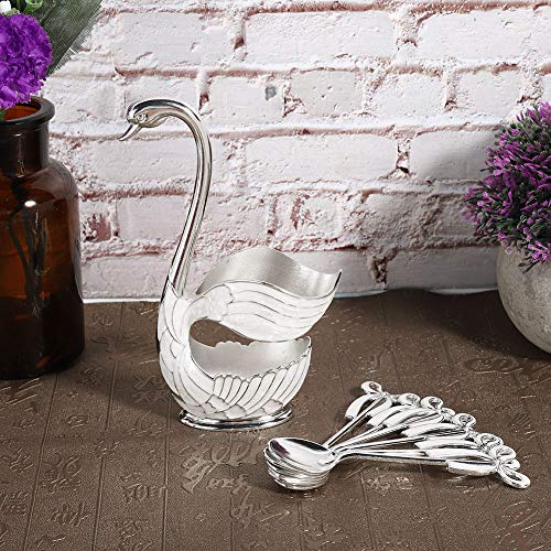  Coffee Spoon Holder Set, Elegant Swan Base Holder Dessert Scoop Serving Spoon Organizer Decorative European Style Metal Flatware Tableware With 6pcs Ice Cream Spoons (Silver White)