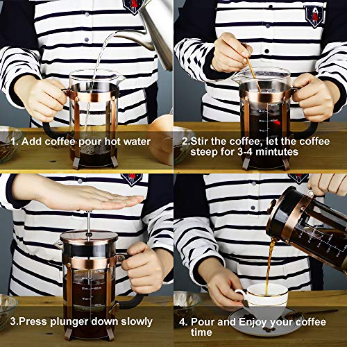  French Press Coffee Maker 8 Cups 34 Oz 304 Stainless Steel Coffee Press With 4 Filter Screens, Easy Clean Heat Resistant Borosilicate Glass - Free 100% BPA (A-Style-Copper-3A, 34 Oz)
